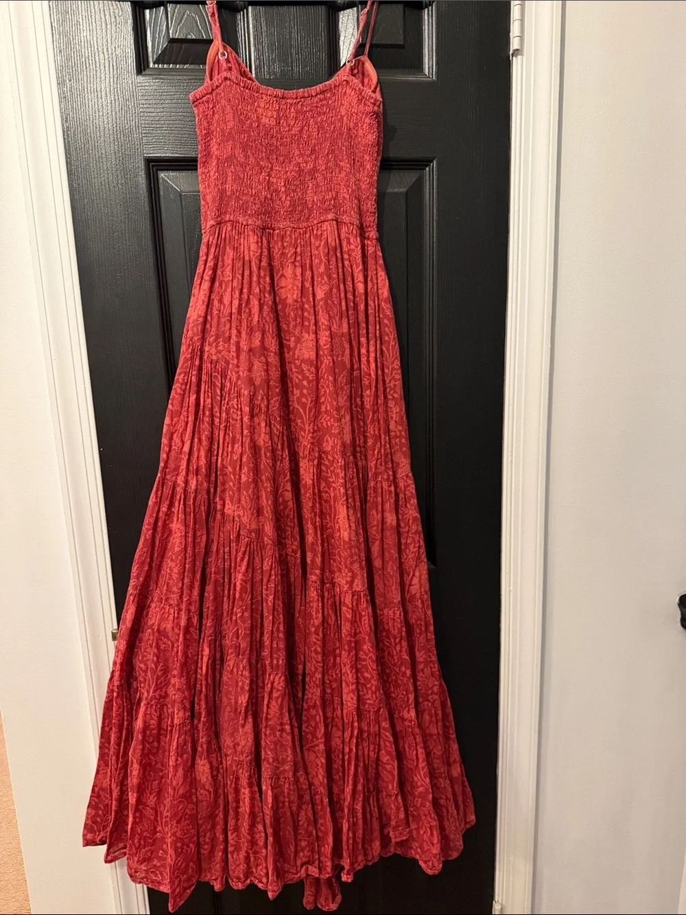 Free People Red Floral Tiered Maxi with Smocked Waist and Spaghetti Straps